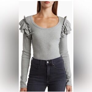 Veronica Beard Ruffled Avedon Ribbed Top Long Sleeve Heather Gray Blouse Sz M